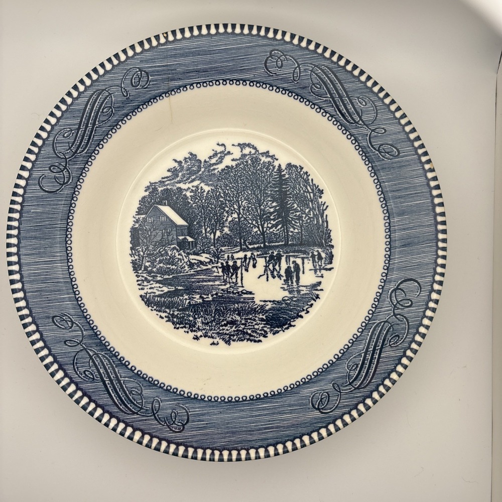 Royal China Blue Currier & Ives Rim Soup Bowl 8.5” Early Winter Vintage Ceramic